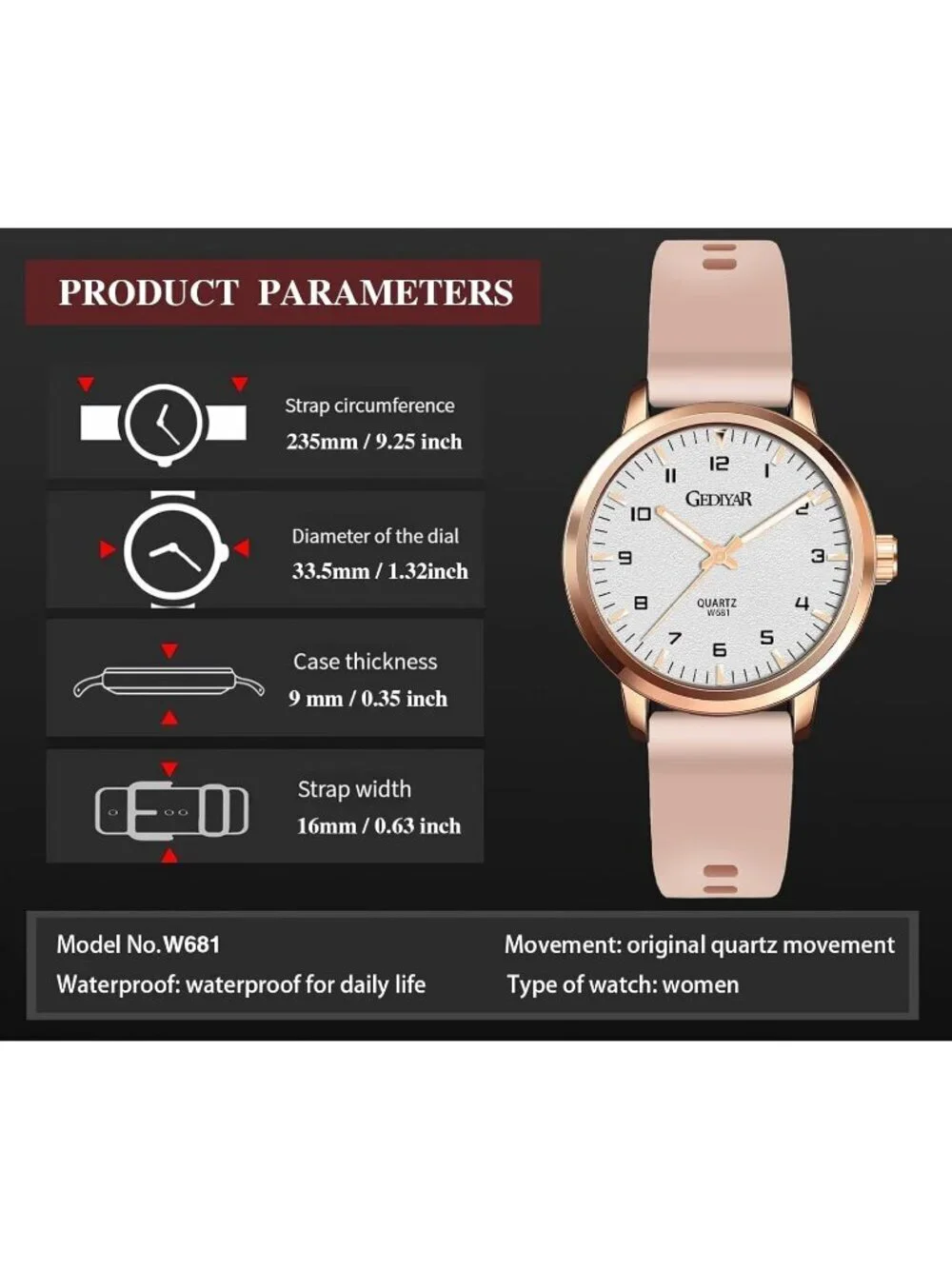 Women's Pink Analog Quartz Rubber Silicone Band Waterproof Casual Wrist Watch